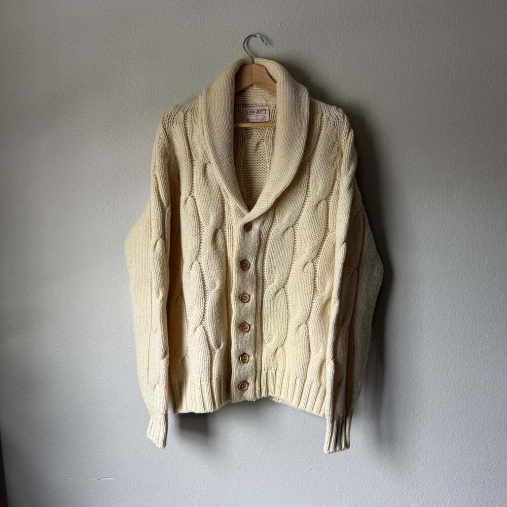 Vintage Lord Jeff 100% Virgin Wool Cable Knit Shawl Cardigan USA Made L